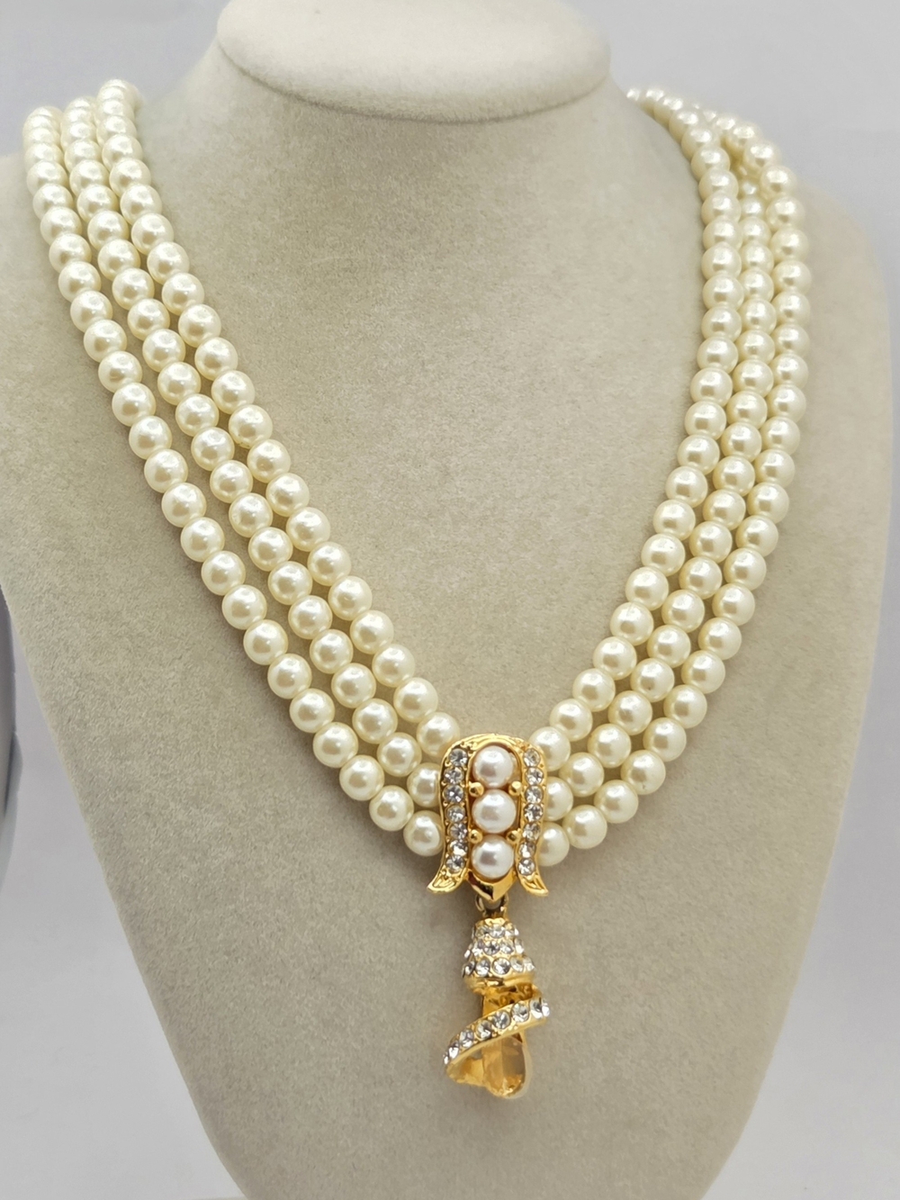 3-Strand Faux Pearl Statement Necklace, Gold-Tone Rhinestone Pendant 17"